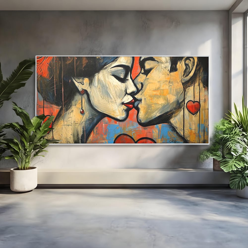 Tablou canvas cu tablou canvas cu sarut pasional, in rama de aluminiu argintiu